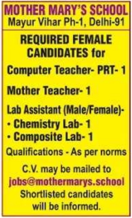 Job Opportunity: Teaching & Lab Roles at Mother Mary's School, Delhi