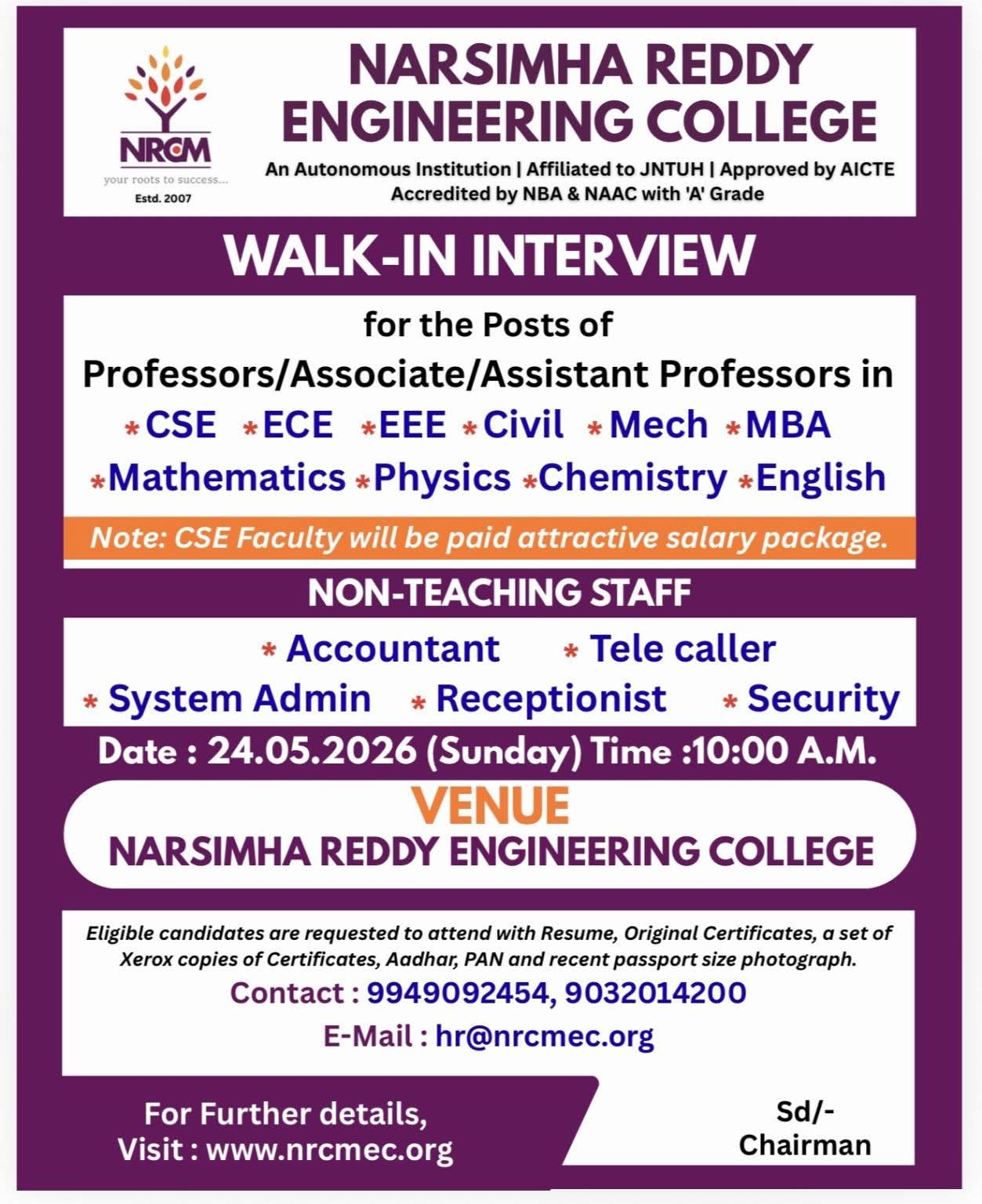 Job Opportunity: Teaching & Non-Teaching Roles at Narsimha Reddy Engineering College