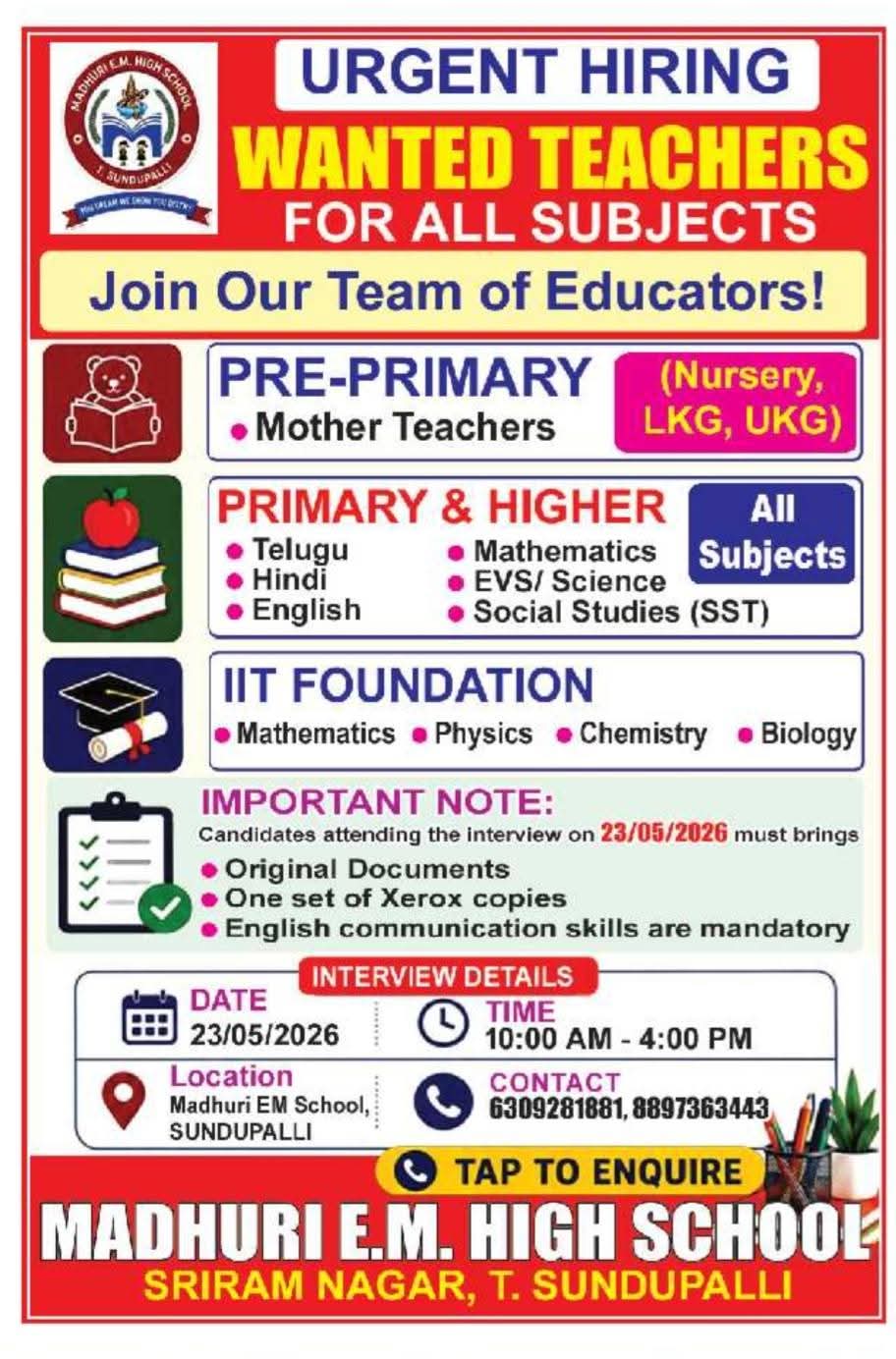 Job Opportunity: Teaching Positions at Madhuri E.M. High School