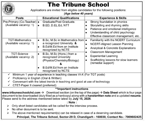Job Opportunity: Teaching Positions Recruitment at The Tribune School
