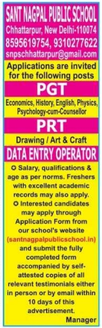Job Opportunity: Teaching & Staff Roles at Sant Nagpal Public School, Delhi
