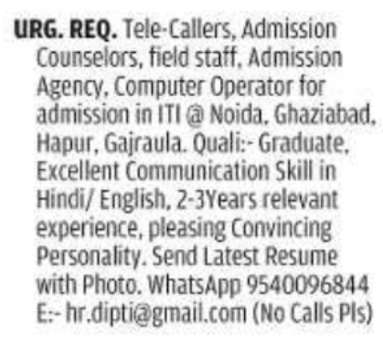 Job Opportunity: Tele-Callers, Admission Counselors & Staff