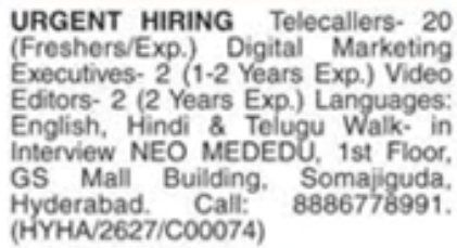Job Opportunity: Telecallers, Digital Marketing Executives, and Video Editors
