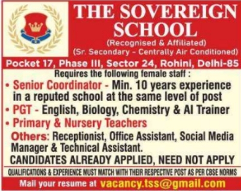 Job Opportunity: The Sovereign School Female Staff Recruitment