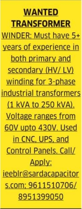 Job Opportunity: Transformer Winder Recruitment at Sarda Capacitors