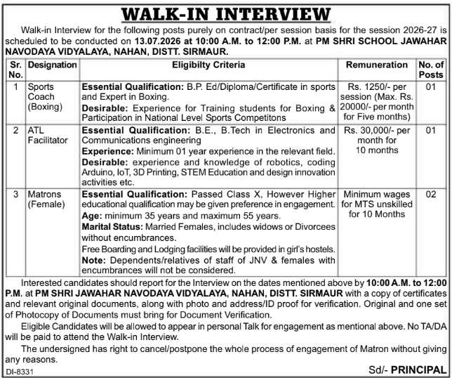 Job Opportunity: Walk-In Interview at Jawahar Navodaya Vidyalaya, Sirmaur