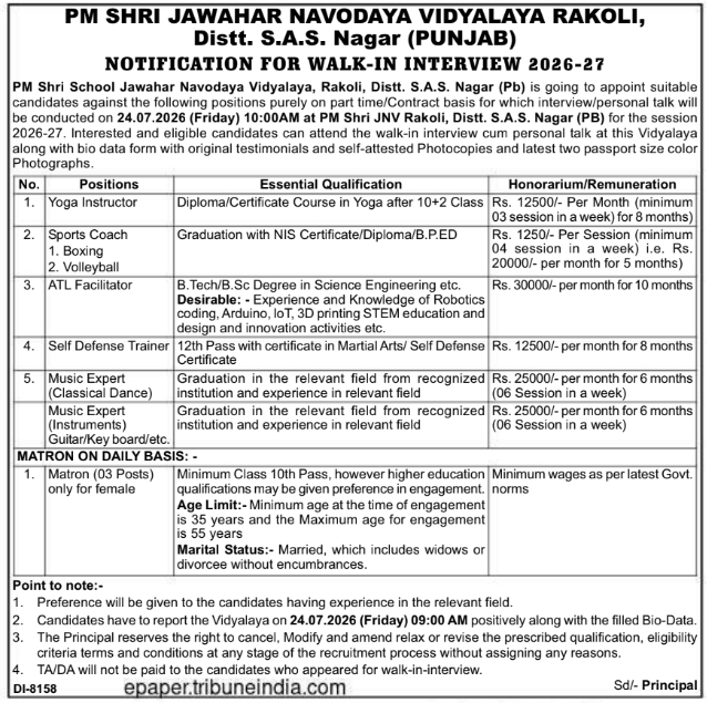 Job Opportunity: Walk-In Interview at PM SHRI JNV Rakoli, S.A.S. Nagar