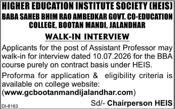 Job Opportunity: Walk-In Interview for Assistant Professor at HEIS Jalandhar