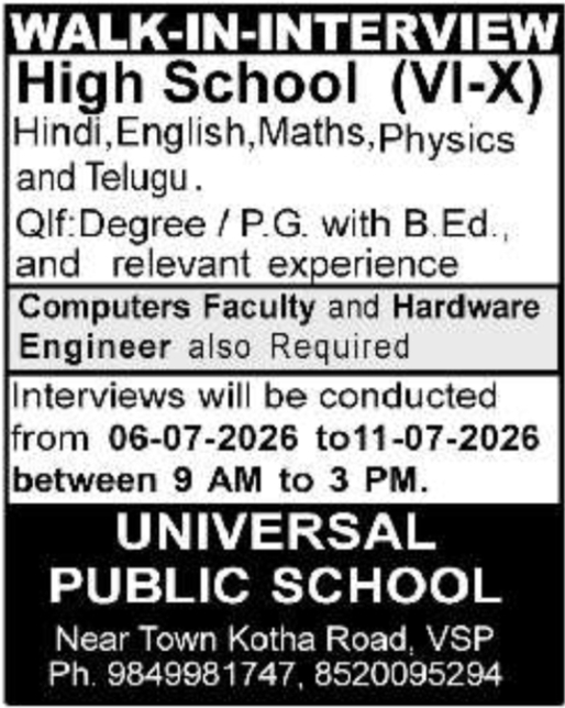 Job Opportunity: Walk-In-Interview for Universal Public School Teaching and Technical Roles