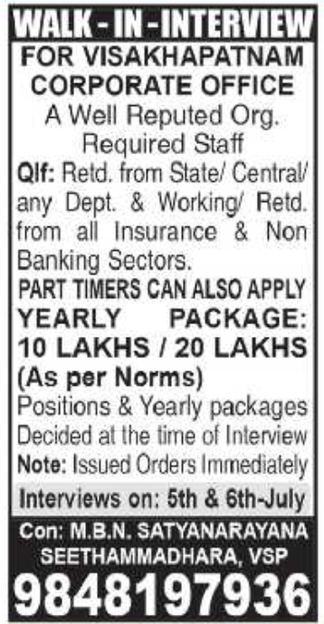 Job Opportunity: Walk-In-Interview for Visakhapatnam Corporate Office Staff