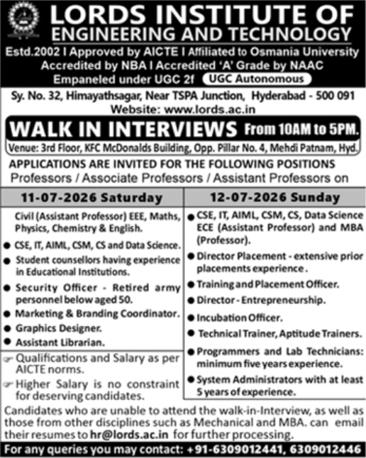 Job Opportunity: Walk-in Interviews at Lords Institute of Engineering and Technology