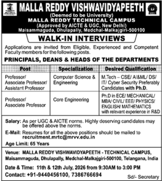 Job Opportunity: Walk-in Interviews at Malla Reddy Vishwavidyapeeth