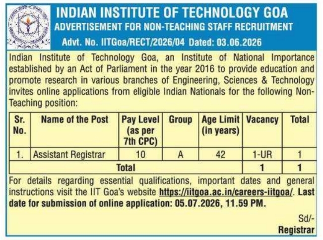 Job Recruitment: Assistant Registrar IIT Goa 2026