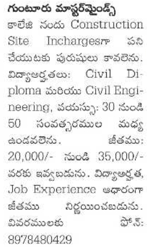 Job Recruitment: Construction Site Incharges at Guntur Masterminds College