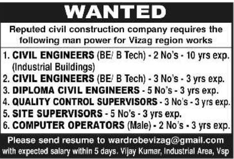 Job Recruitment: Engineering and Office Vacancies Construction Company Vizag