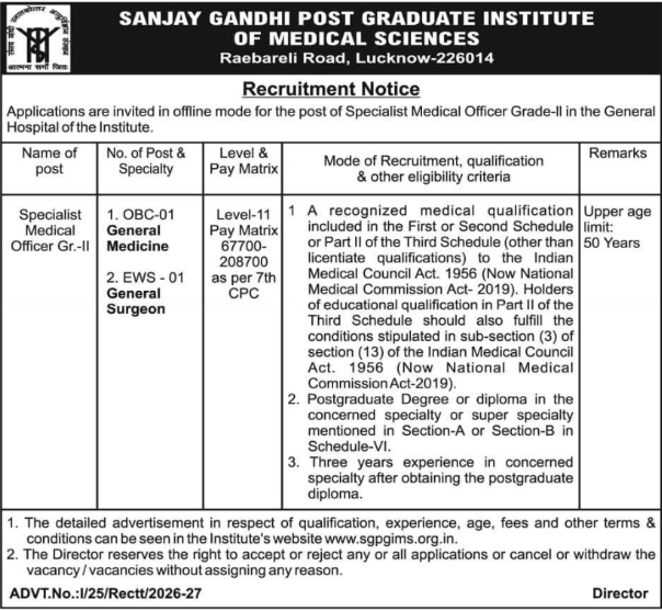 Job Recruitment: Specialist Medical Officer SGPGIMS Lucknow