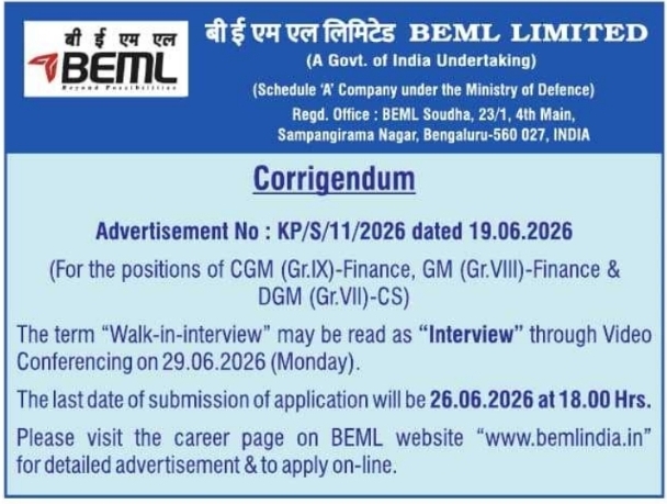 Job Update: Corrigendum Notice for Executive at BEML Limited