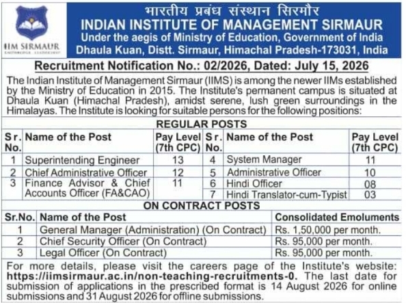 Job Vacancies: IIM Sirmaur Non-Teaching Positions