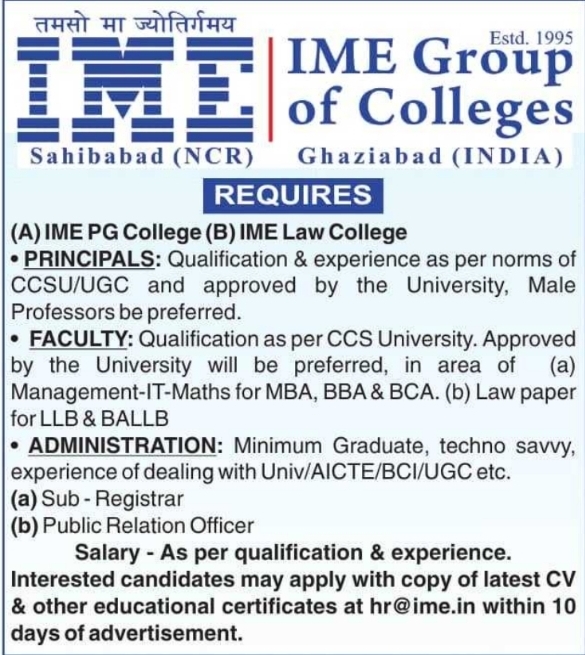 Job Vacancies: IME Group of Colleges Teaching & Non-Teaching Positions