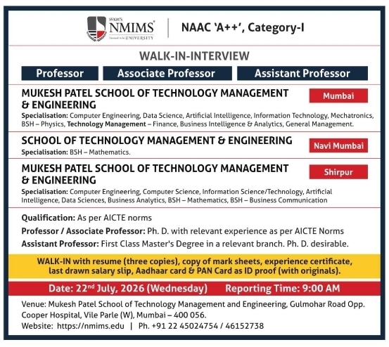 Job Vacancies: NMIMS Faculty Walk-In Interviews