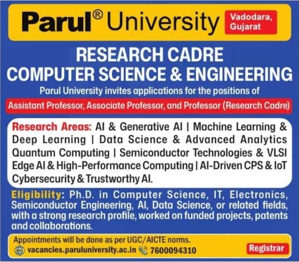 Job Vacancies: Parul University Research Cadre Faculty Positions