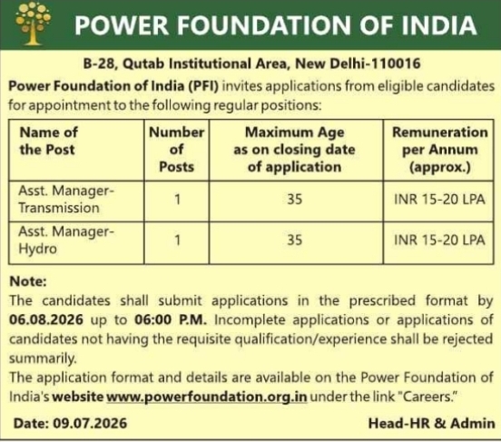 Job Vacancies: Power Foundation of India Assistant Manager Positions