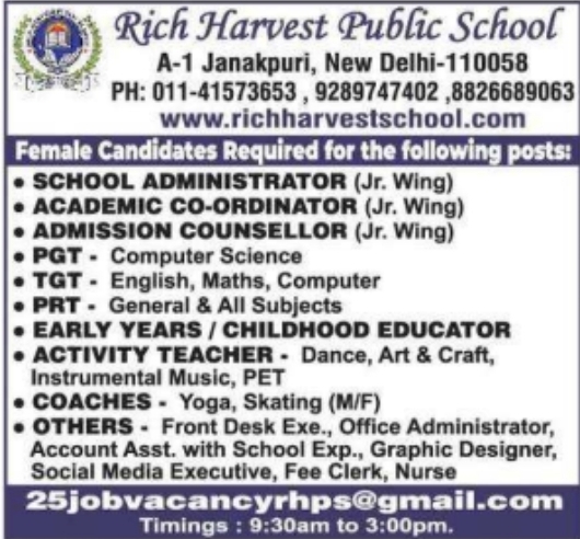 Job Vacancies: Rich Harvest Public School New Delhi