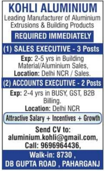 Job Vacancies: Sales Executive & Accounts Executive
