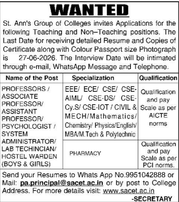 Job Vacancies: Teaching and Non-Teaching Staff Recruitment for St. Ann's Group of Colleges