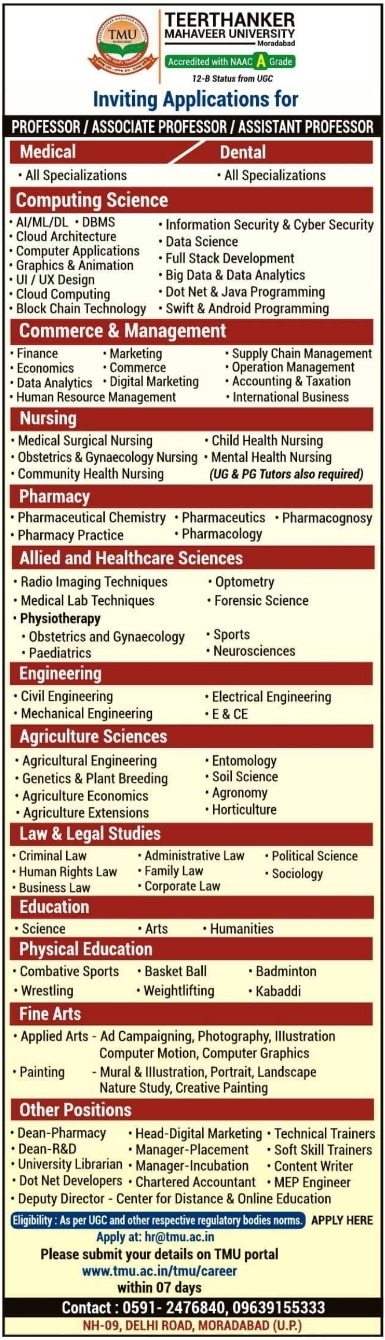 Job Vacancies: Teerthanker Mahaveer University Faculty Positions