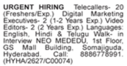 Job Vacancies: Telecallers, Digital Marketing Executives & Video Editors