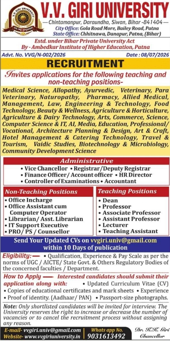 Job Vacancies: V.V. Giri University Teaching & Non-Teaching Positions