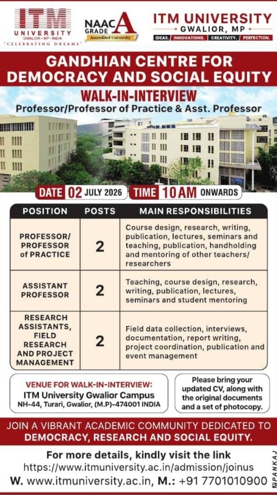 Job Vacancy: Academic and Research Faculty Recruitment at ITM University Gwalior