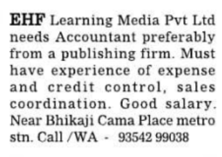 Job Vacancy: Accountant at EHF Learning Media New Delhi
