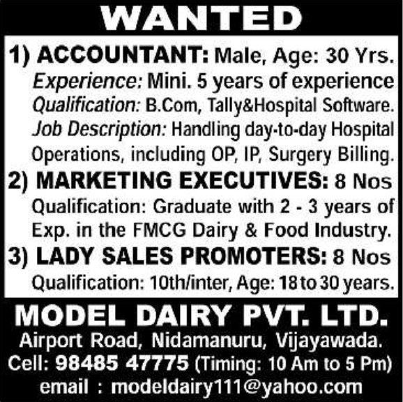 Job Vacancy: Accountant & Sales Staff at Model Dairy
