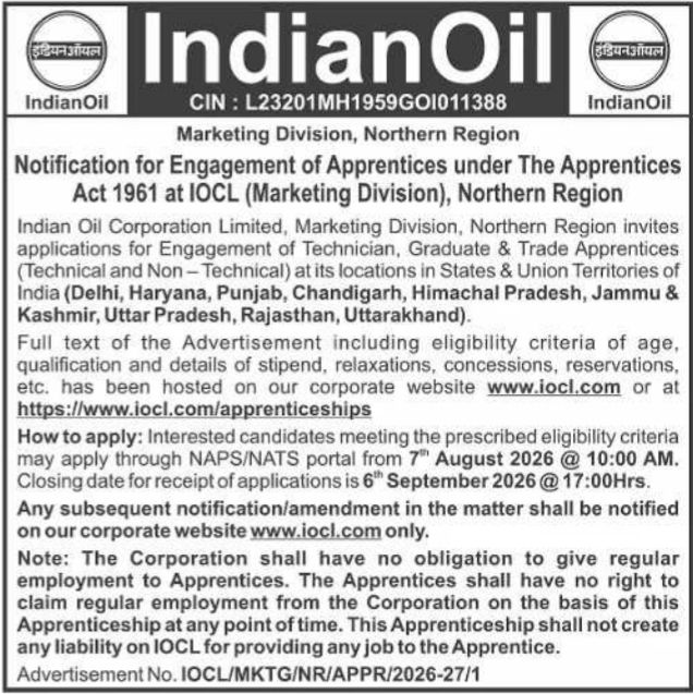 Job Vacancy: Apprentice Engagement Program at Indian Oil Corporation Limited Northern Region