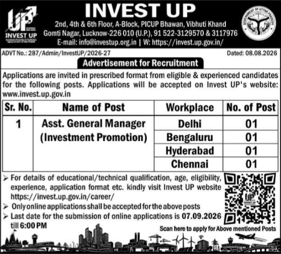 Job Vacancy: Assistant General Manager Recruitment at Invest UP