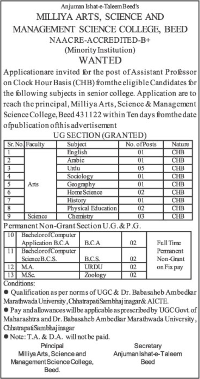 Job Vacancy: Assistant Professor Recruitment at Milliya College Beed