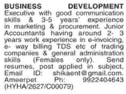 Job Vacancy: Business Development Executive and Junior Accountants