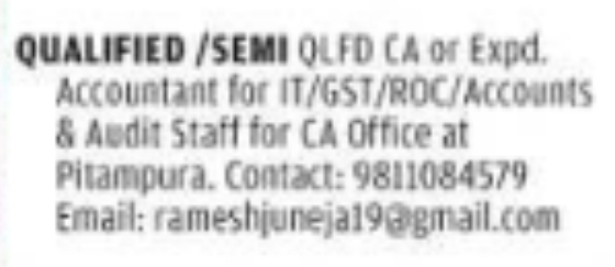 Job Vacancy: Chartered Accountant and Audit Staff