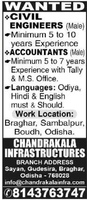 Job Vacancy: Civil Engineers & Accountants at Chandrakala Infrastructures