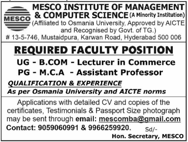 Job Vacancy: Commerce and MCA Faculty Recruitment at MESCO Institute Hyderabad