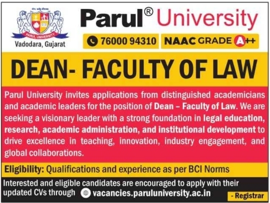Job Vacancy: Dean of Faculty of Law Recruitment at Parul University