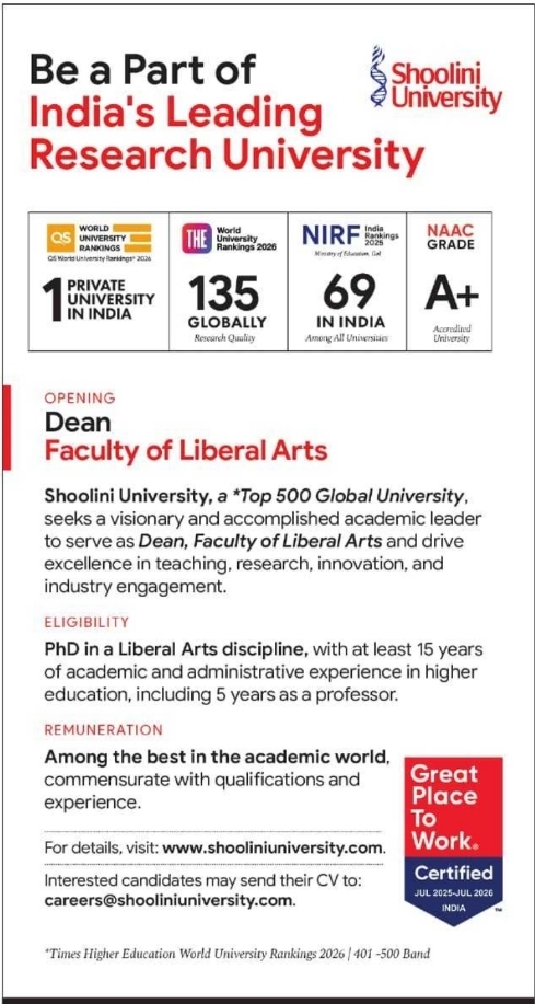 Job Vacancy: Dean of Liberal Arts Recruitment at Shoolini University