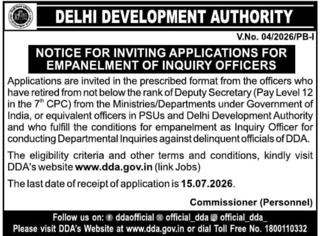 Job Vacancy: Empanelment of Inquiry Officers at Delhi Development Authority