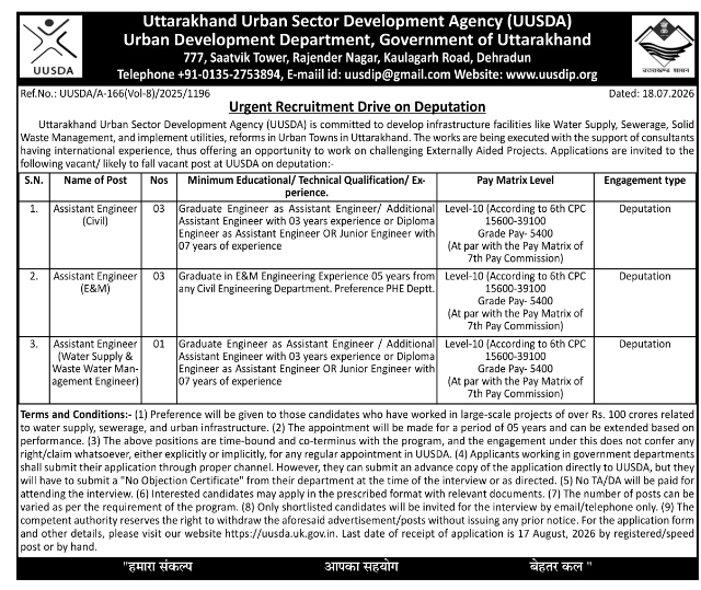 Job Vacancy: Engineering Positions on Deputation at Uttarakhand Urban Sector Development Agency