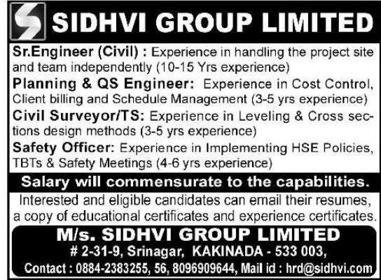 Job Vacancy: Engineering Professionals at Sidhvi Group
