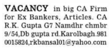 Job Vacancy: Ex-Bankers and CA Articles in Karol Bagh