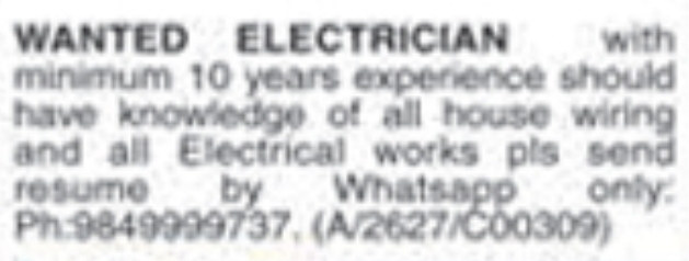 Job Vacancy: Experienced Electrician