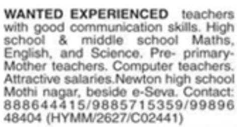 Job Vacancy: Experienced Teachers Recruitment at Newton High School Mothi Nagar